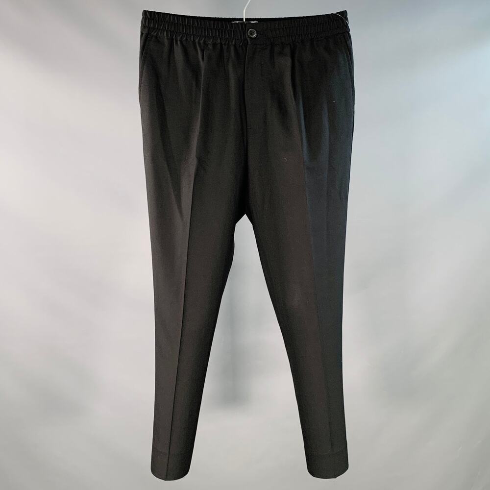 AMI by ALEXANDRE MATTIUSSI 28 Black Virgin Wool Pleated Drawstring Dress Pants